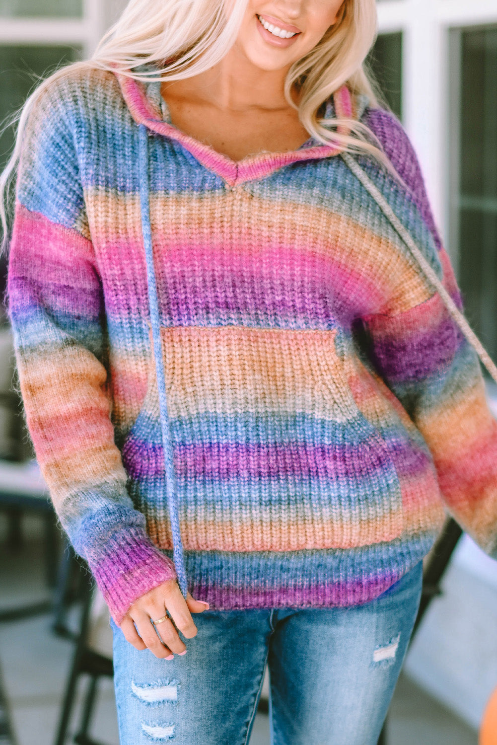 Pull à capuche multicolore ombré avec poche kangourou