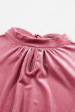 Red Mock Neck Puff Sleeve Velvet Blouse