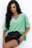 Moonlight Jade Sequin Batwing Sleeve V Neck Velvet Blouse