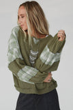 Plaid Patch Waffle Knit Exposed Seam Bubble Sleeve Top