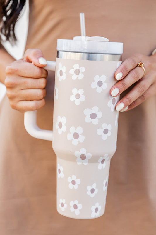 Floret Print Stainless Tumbler With Lid And Straw