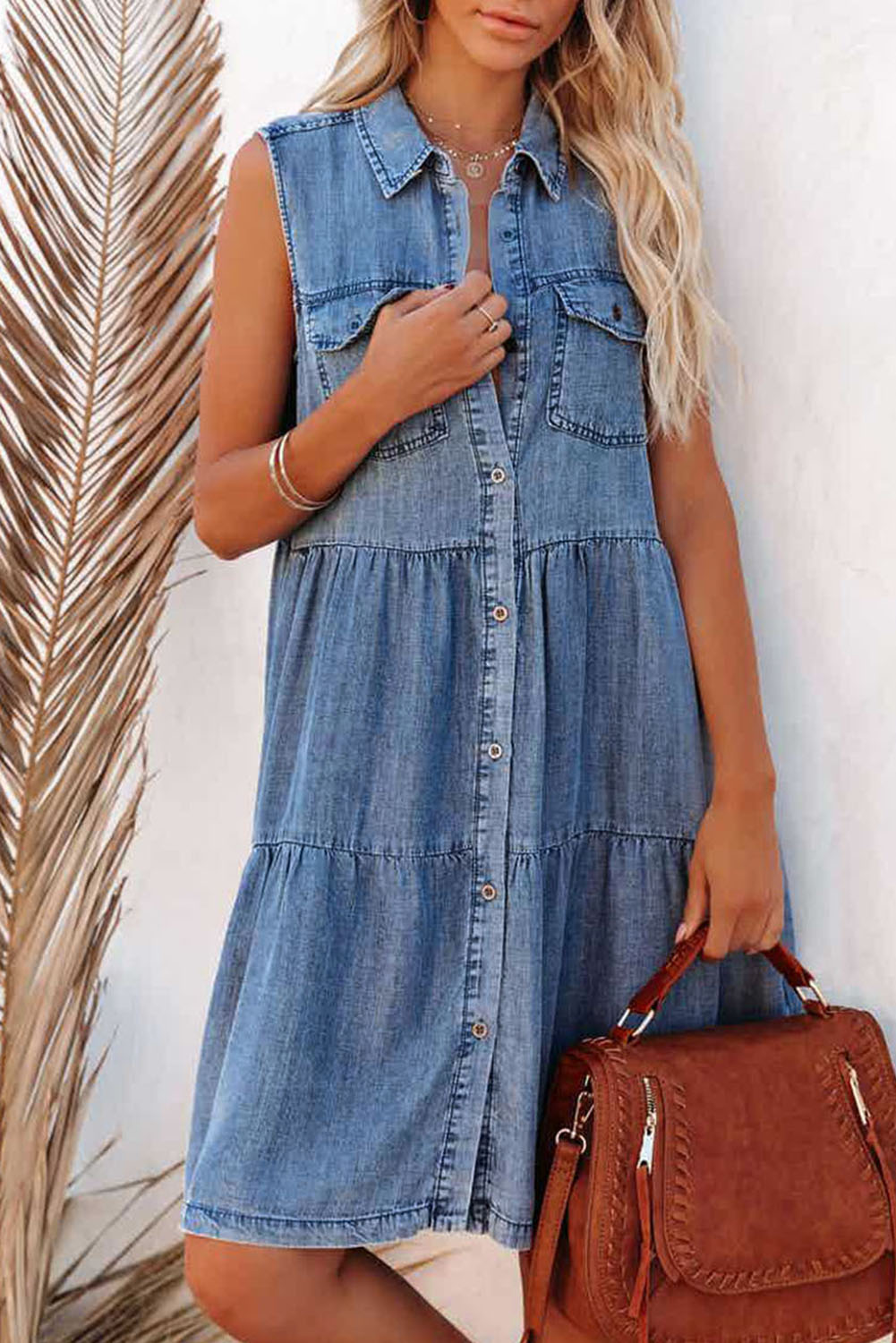 Flap Pockets Button up Sleeveless Denim Dress