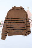 Brown Striped Half Zip Pullover Sweater