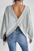 Light Grey Textured Crossover Backless Knit Long Sleeve Top