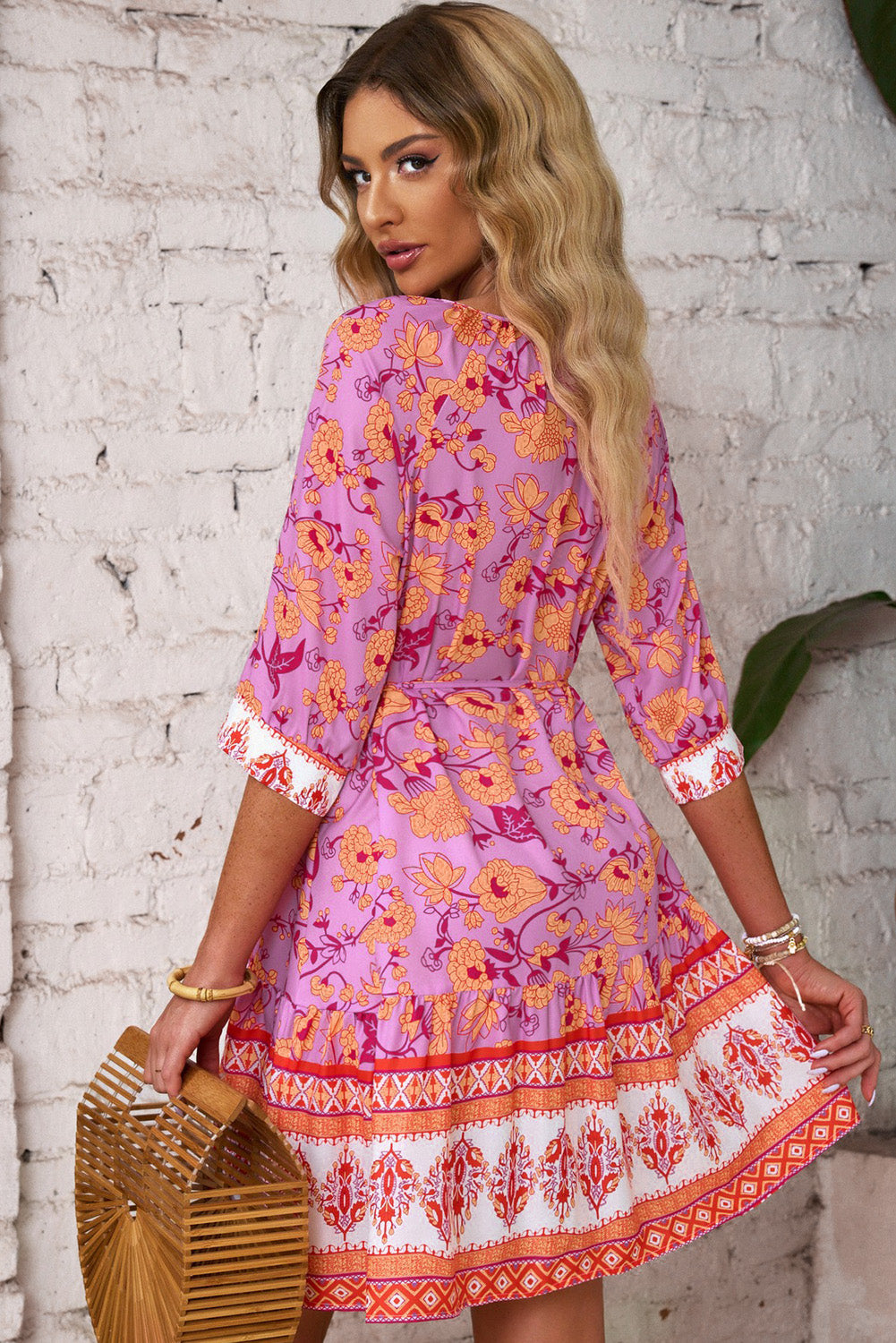 3/4 Sleeve Boho Floral Belted Mini Dress