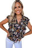 Floral Print Ruffle Drawstring V Neck Blouse