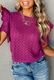 Violet Ruffled Short Sleeve Textured Knit Sweater