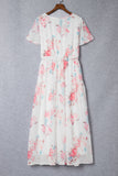 V Neck Short Sleeves Floral Print Maxi Dress