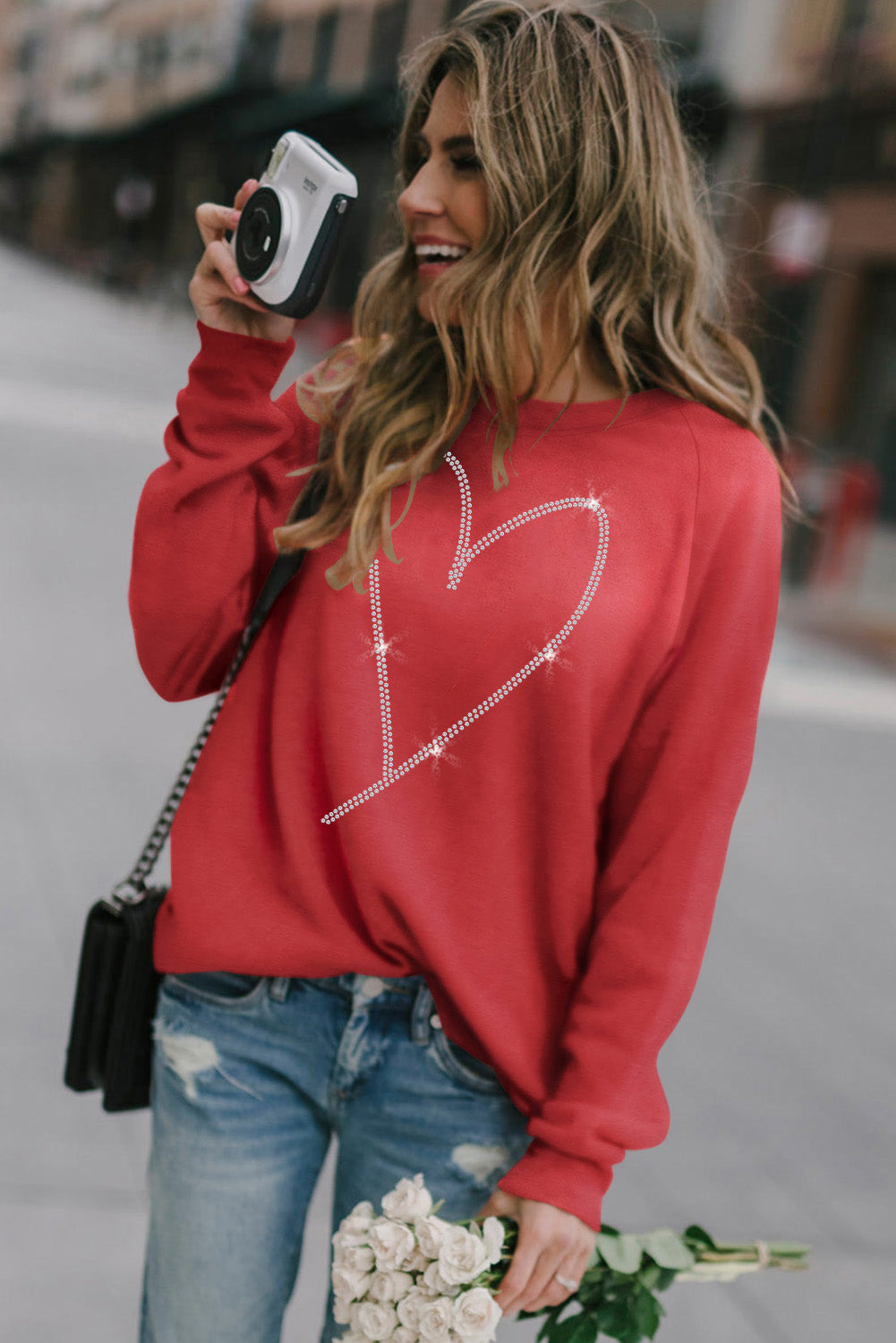 Red Solid Round Neck Raglan Sleeve Sweatshirt