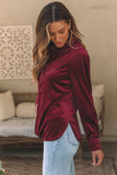 Frilled Neck Buttoned Front Velvet Top