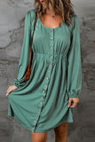 Green Button Up High Waist Long Sleeve Dress