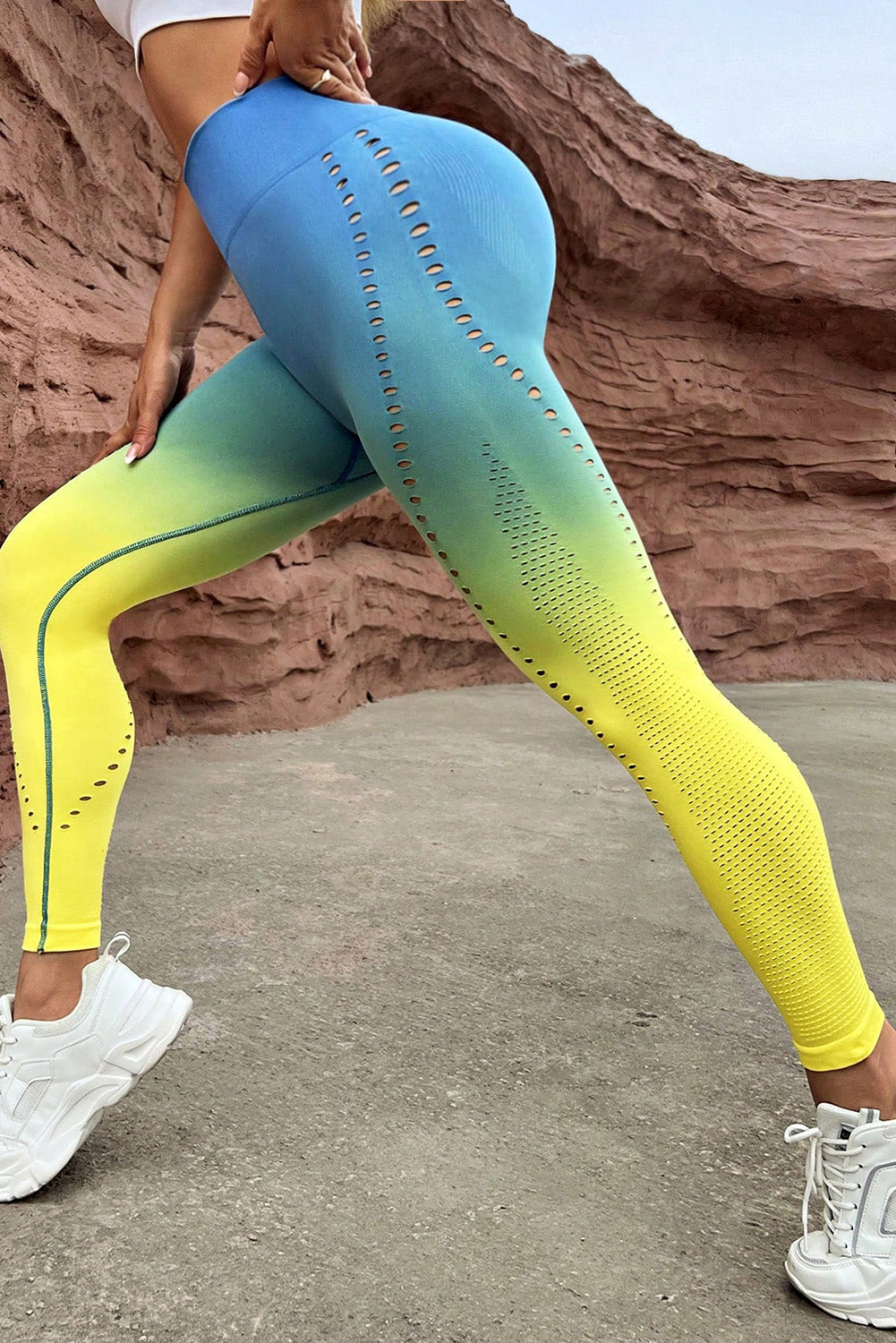 Leggings de sport multicolores ombrés à large ceinture et trou laser