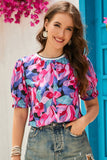 Red Floral Print Shirred Puff Sleeve Blouse