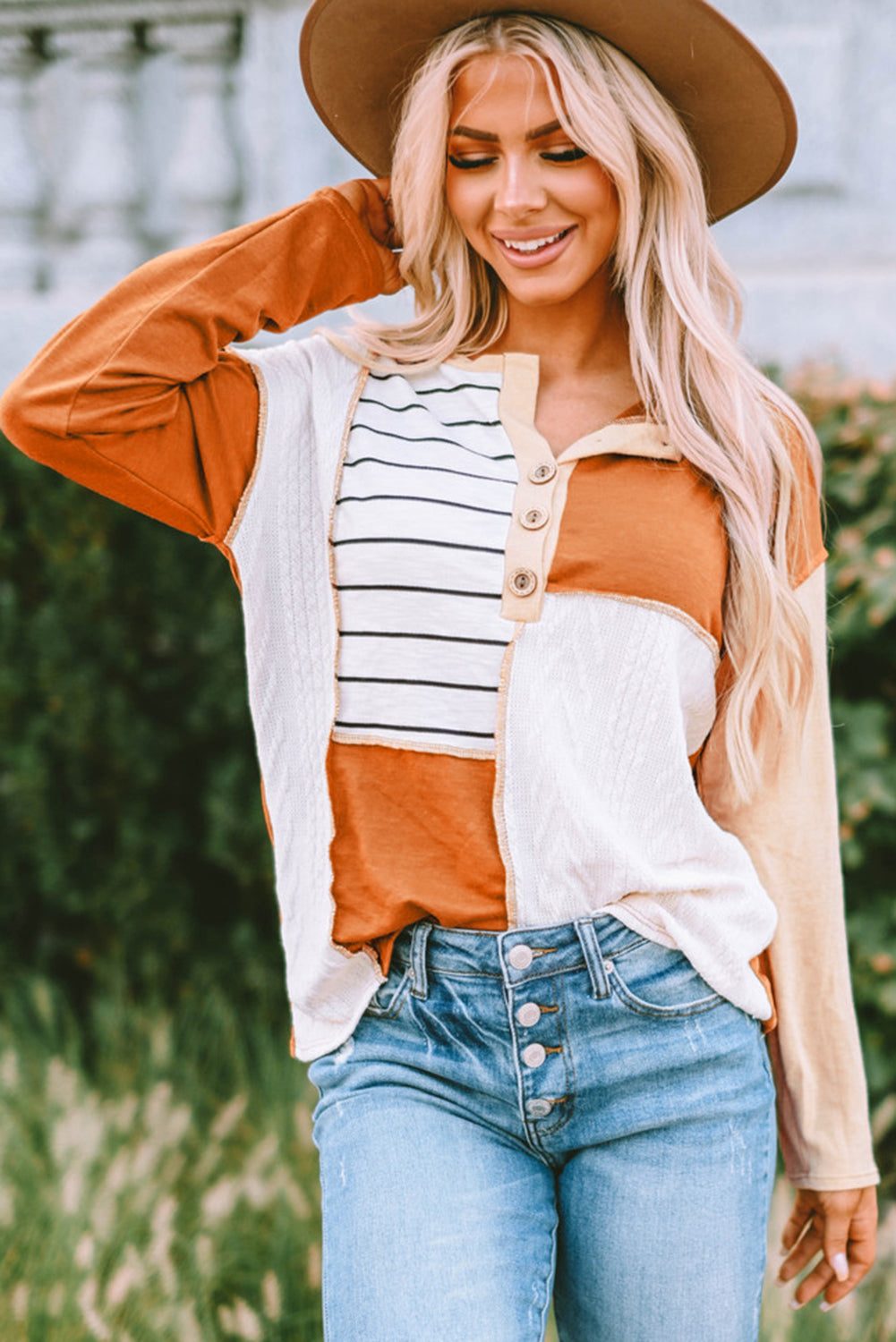 Stripe Color Block Splicing Long Sleeve Henley Top