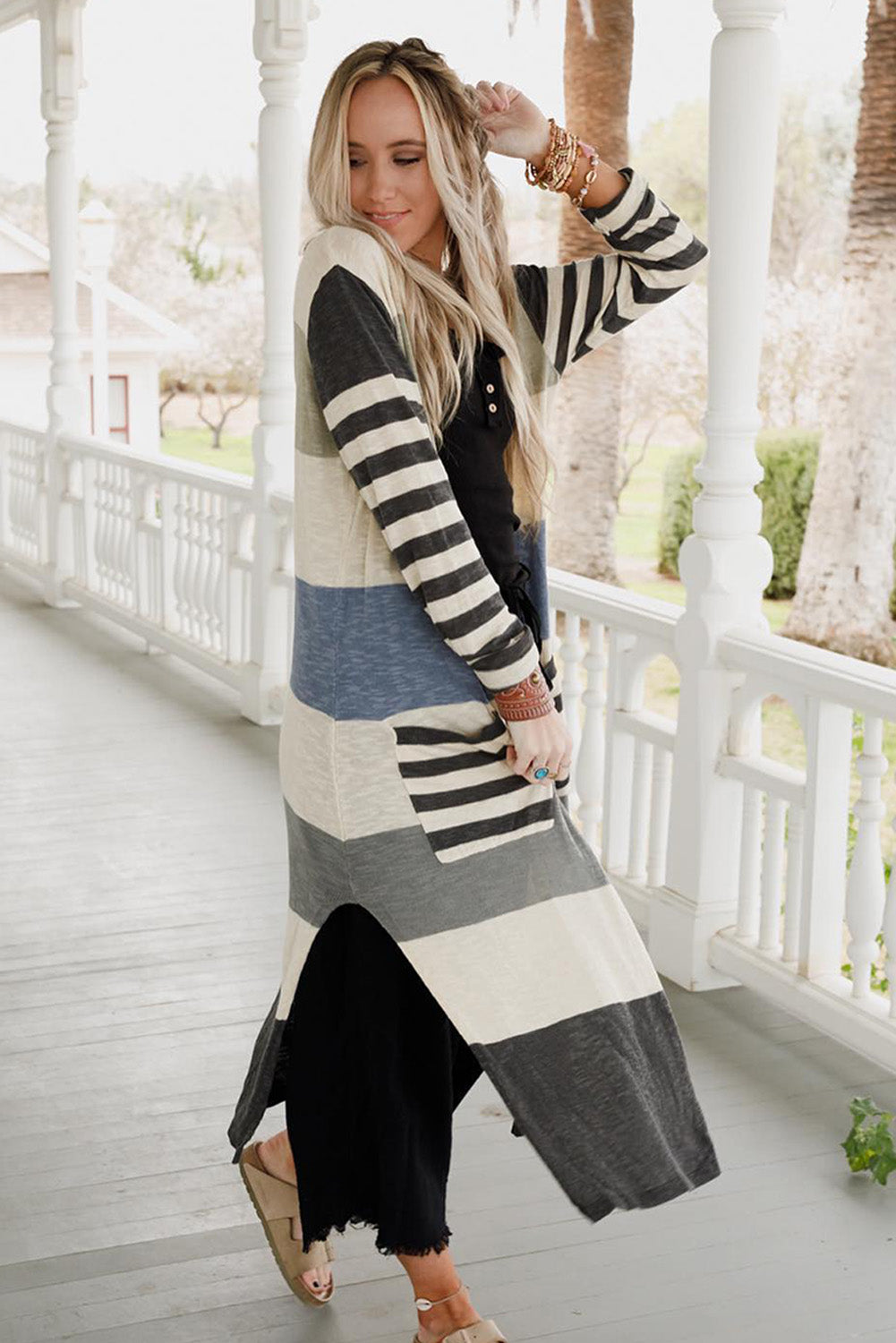 Mixed Pocketed Split Long Cardigan