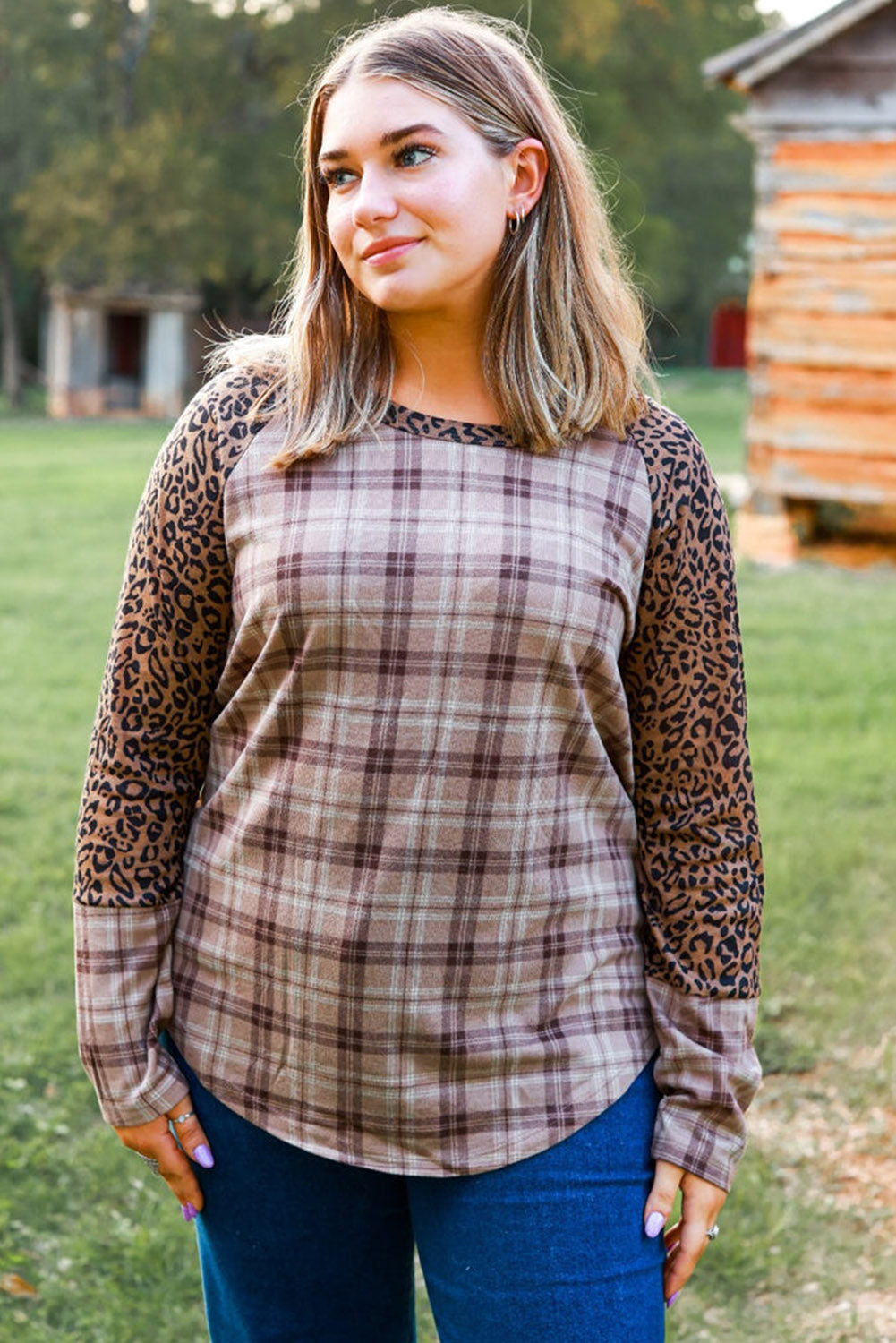 Plus Size Leopard Raglan Sleeve Plaid Top