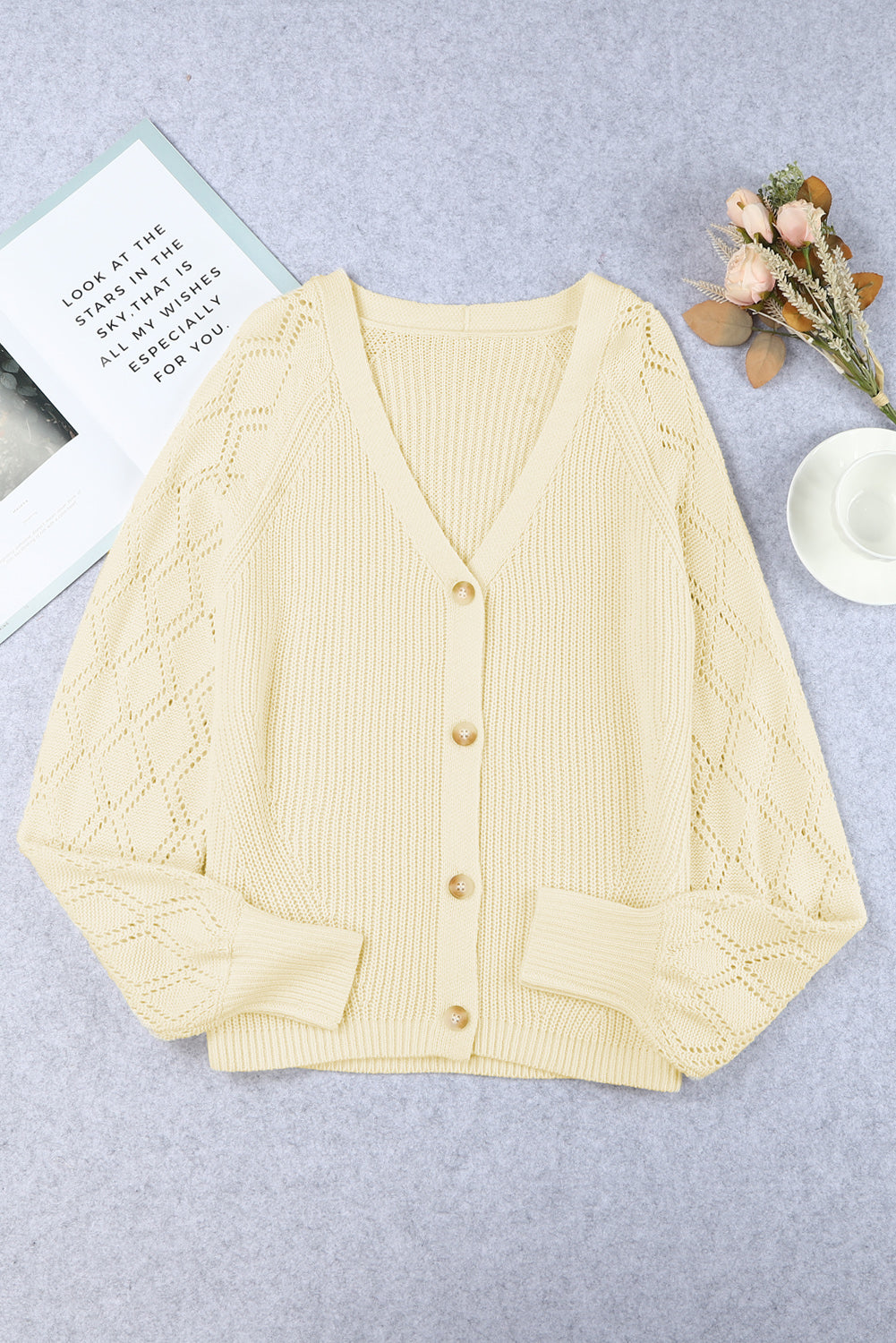 Bishop Sleeve Button V Neck Sweater