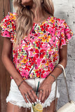 Blouse à manches superposées à fleurs rouge