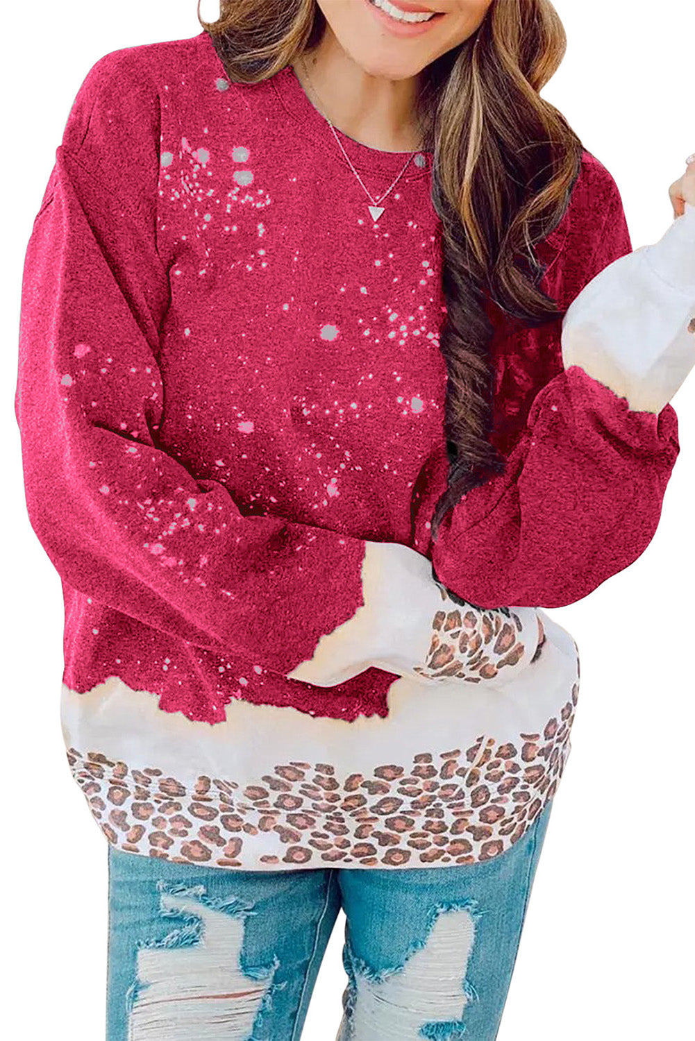 Red Leopard Bleached Pullover Sweatshirt