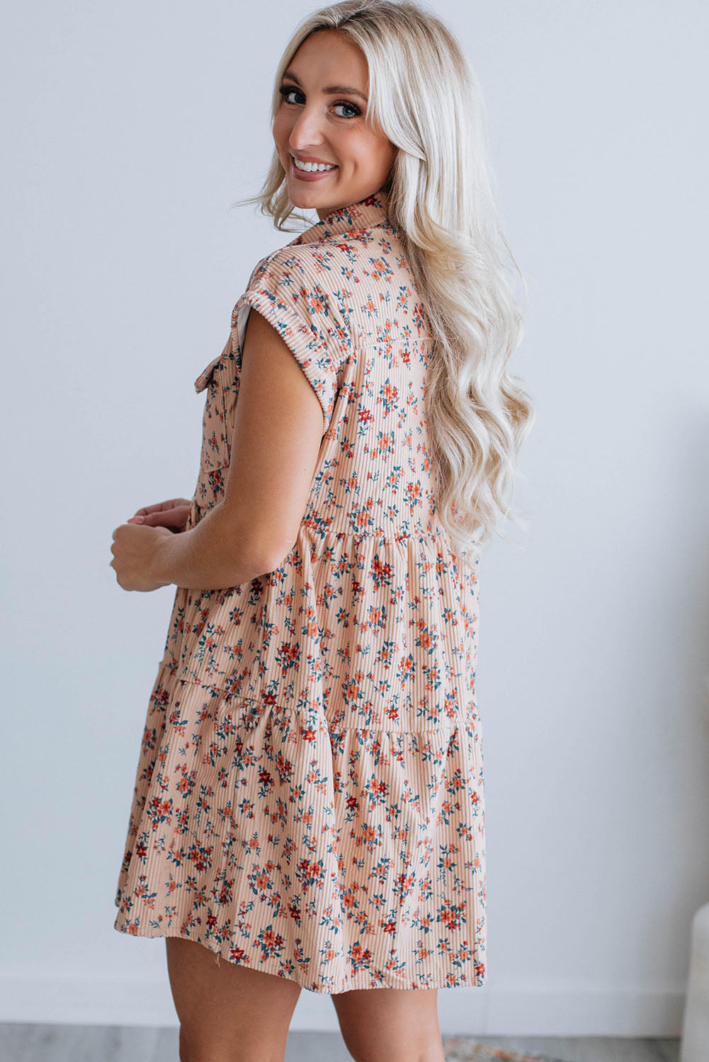 Short Sleeve Flap Pockets Shirt Floral Dress