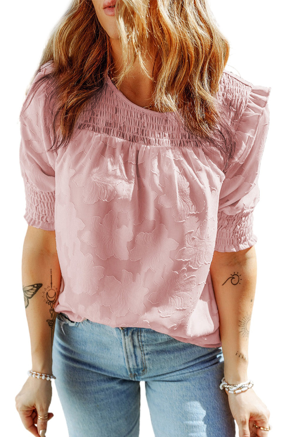 Blouse texturée jacquard smockée rose