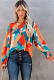 Abstract Pattern Crewneck Ruffled Puff Sleeve Blouse