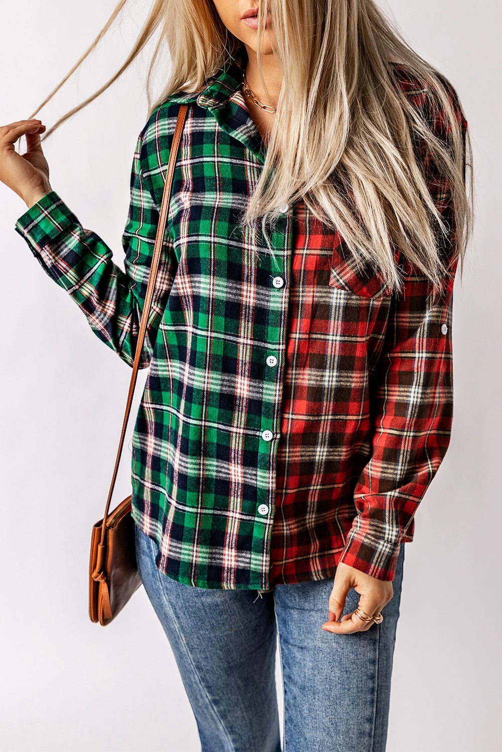 Plaid Color Block Buttoned Long Sleeve Shirt