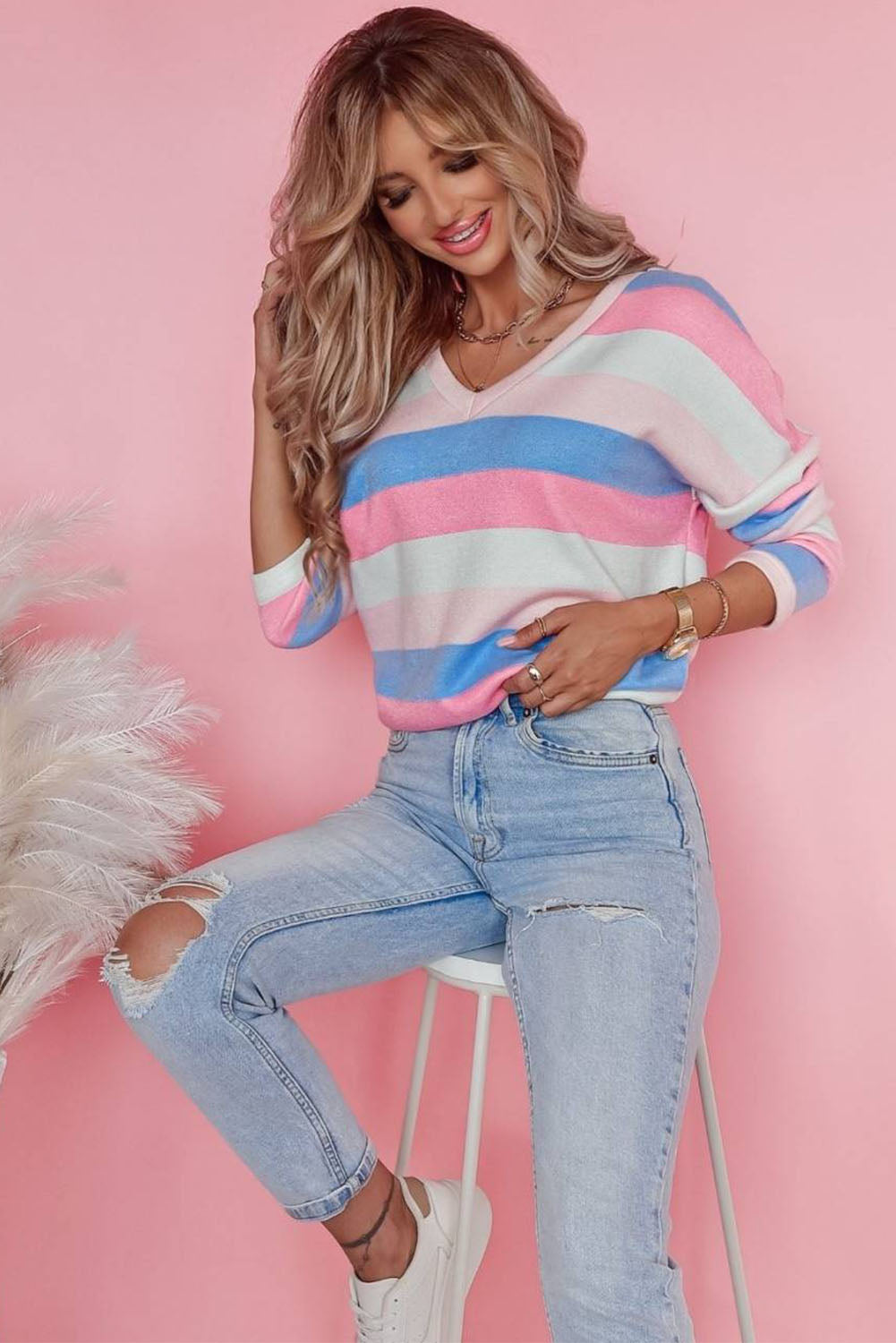 Contrast Striped V Neck Long Sleeve Top