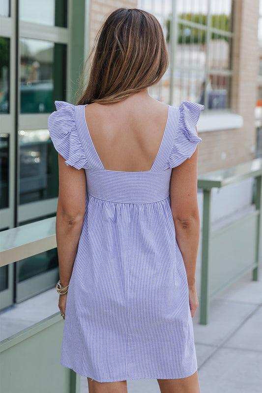 Floral Embroidered Striped Ruffled Sleeveless Mini Dress