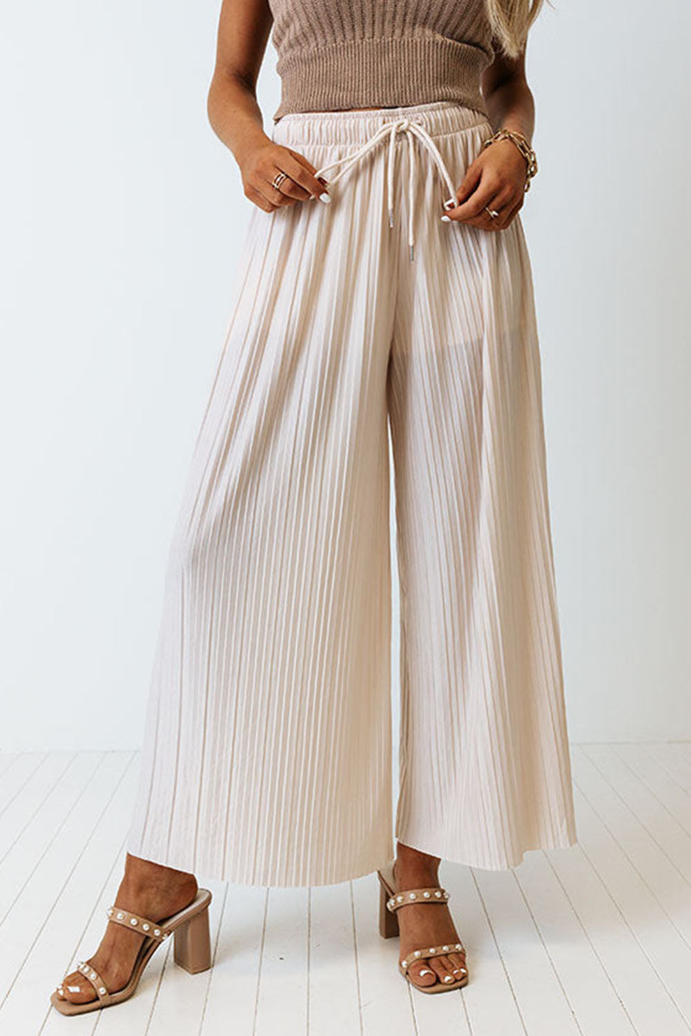 Drawstring Wide Leg Pleated Pants