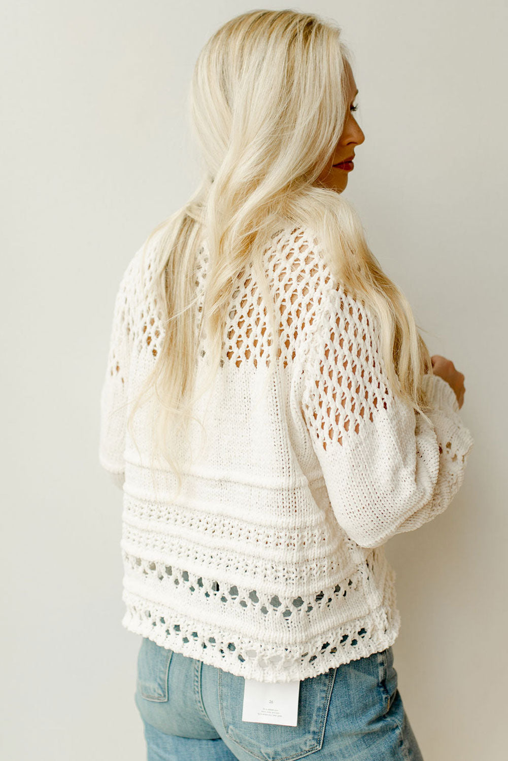 Solid Color Pointelle Knit Puff Sleeve Sweater