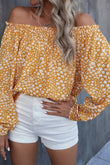 Yellow Floral Print Frill Trim Off-shoulder Lantern Sleeve Blouse