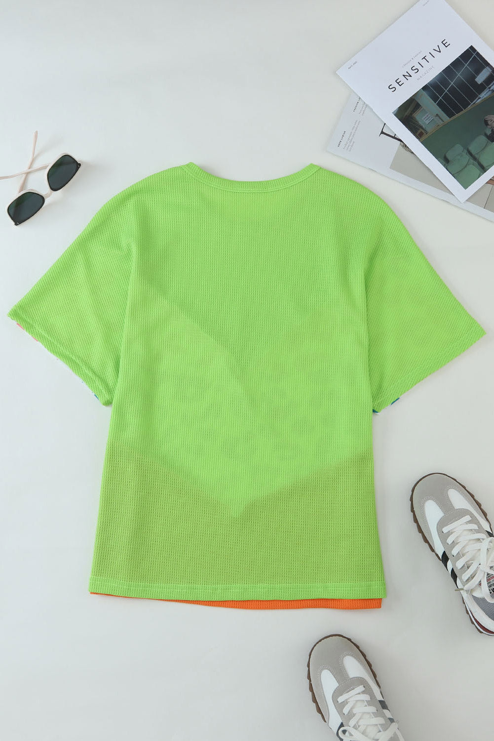 T-shirt patchwork en tricot gaufré léopard color block vert 