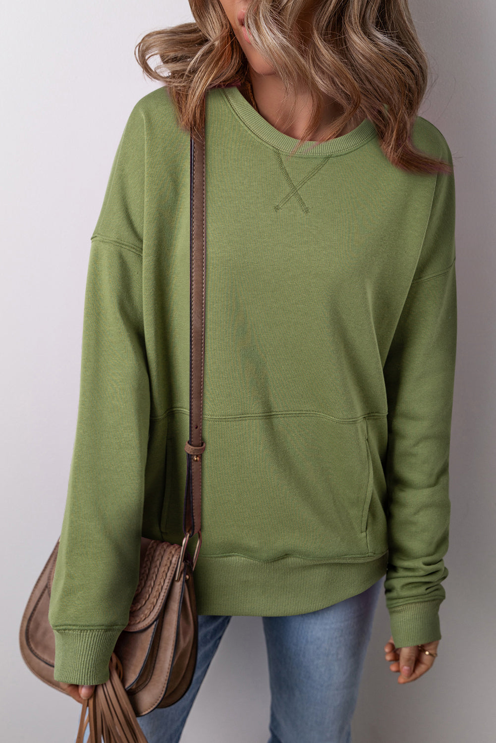 Black Drop Shoulder Crisscross Stitching Pocketed Loose Sweatshirt