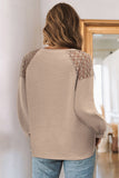 Lace Shoulder Patch Waffle Knit Long Sleeve Top