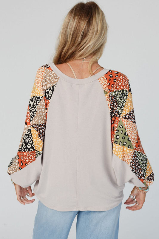 Parchment Contrast Printed Raglan Sleeves Patchwork V Neck Loose Top