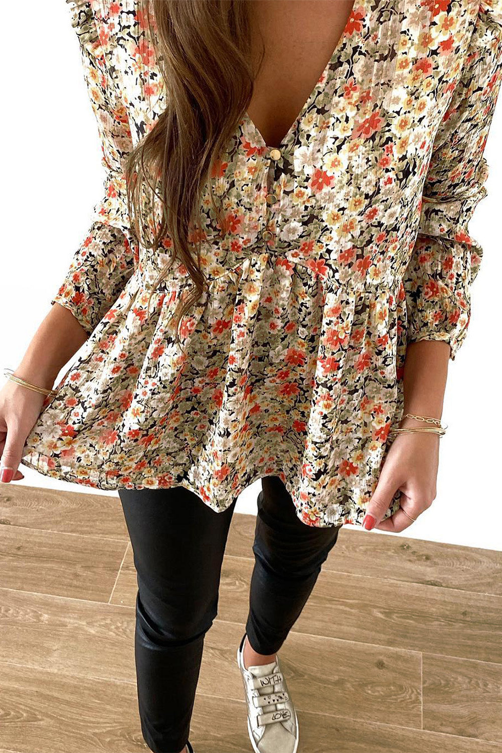 V Neck Ruffled Babydoll Floral Blouse