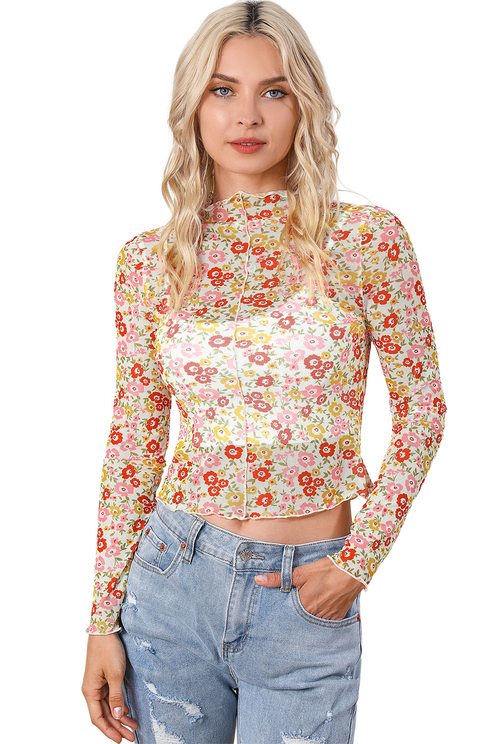 Floral Lettuce Hem Long Sleeve Top