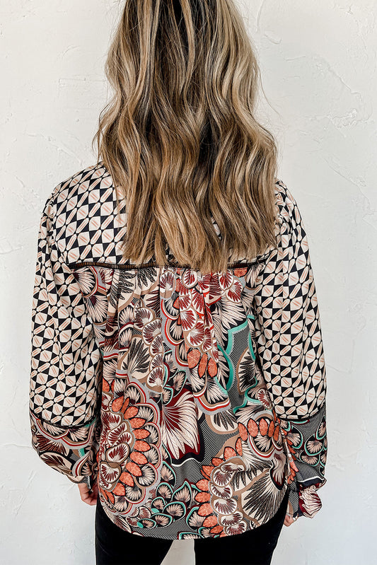 Mixed Floral Geometric Print Ruffled Long Sleeve Blouse