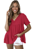 Blouse babydoll rouge effilochée à col en V et à volants