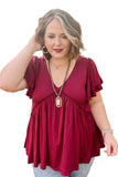 Plus Size V Neck Ruffle Sleeve Peplum Blouse