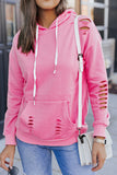 Sweat à capuche déchiré uni rose avec poche kangourou