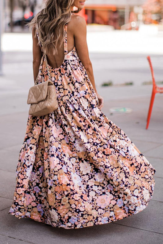 Robe d'été longue multicolore à imprimé floral et dos dégagé