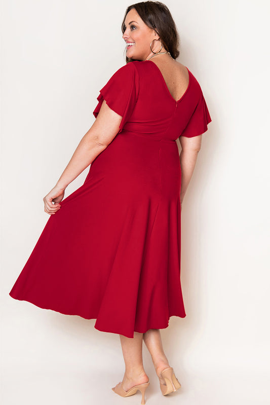 Plus Size Short Flutter Sleeve Midi Dress