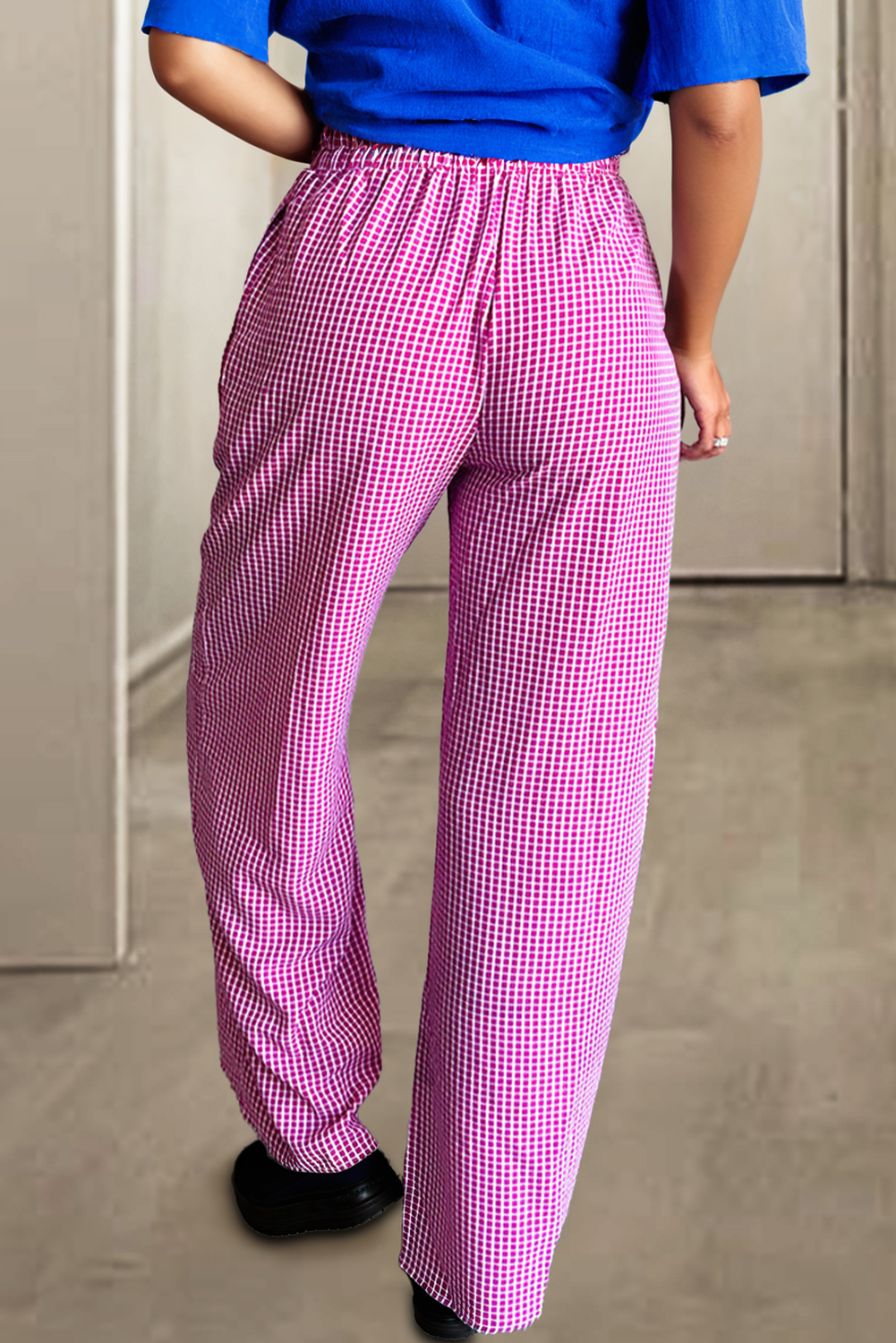 Pink Plaid Print Drawstring High Waist Wide Leg Casual Pants