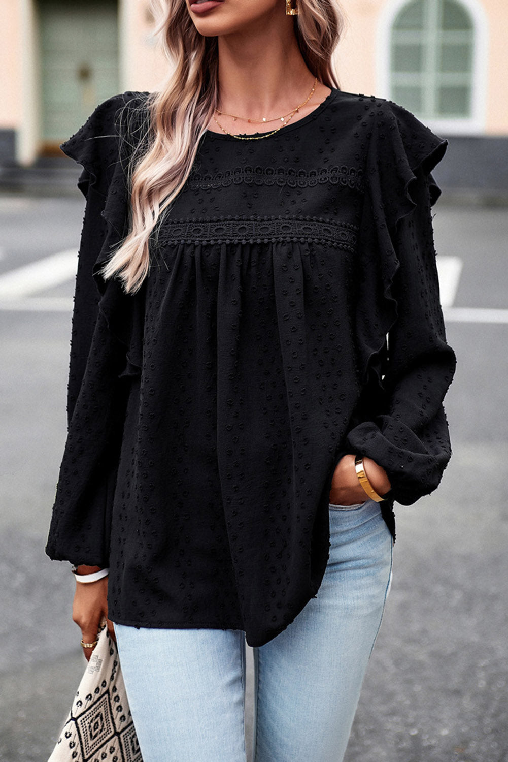 Blackish Green Lace Eyelet Ruffle Shoulder Long Sleeve Blouse