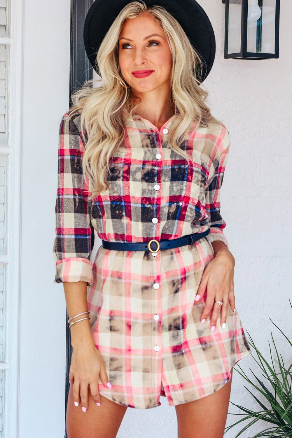 Gradient Plaid Print Shirt Short Dress