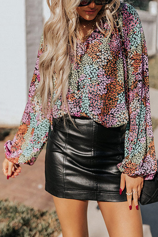 Vibrant Floral Tie V Neck Puff Sleeve Blouse