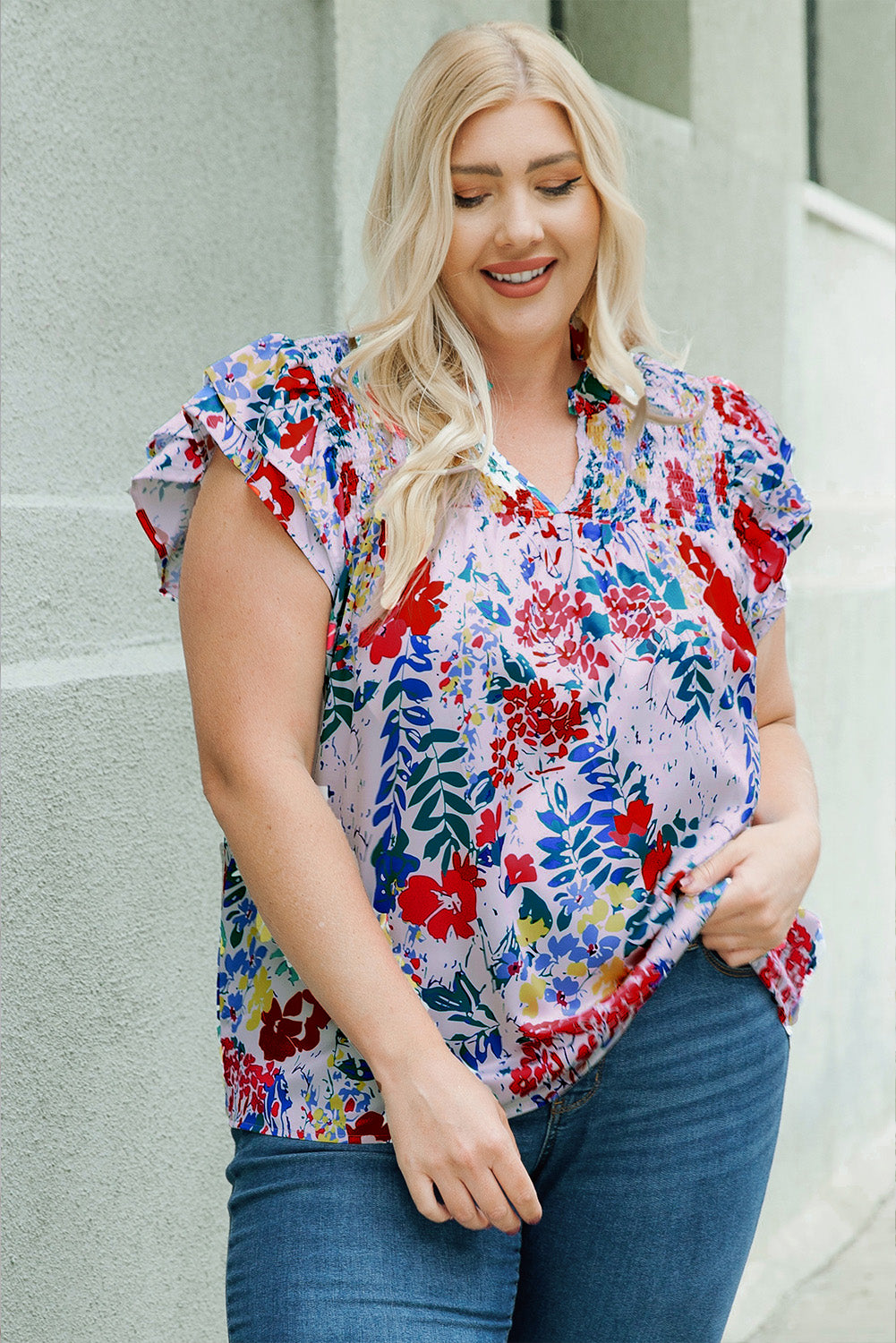 Plus Floral Print Ruffle Cap Sleeve V Neck Blouse