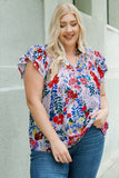 Plus Floral Print Ruffle Cap Sleeve V Neck Blouse